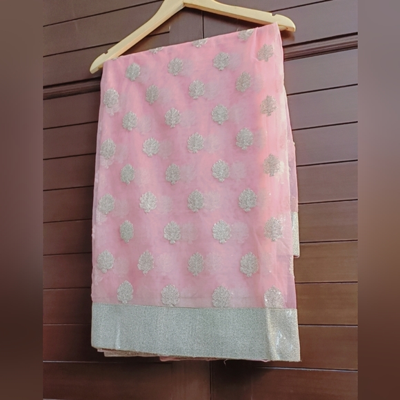 Meena Bazar Other - Light Pink Embellished Sequin Net Saree with stitched Blouse and Petticoat